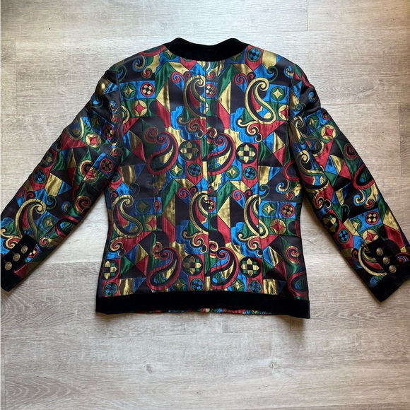 BOGNER Vintage Multicolor Geometric Pattern Jacket Black Velvet Trim Gold Button - Picture 8 of 10